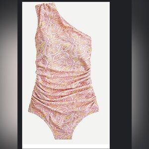 J. Crew Eco ruched one-shoulder one-piece in beach paisley. Ashen Quartz